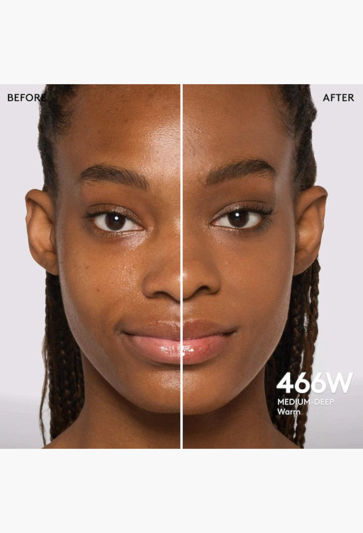 GLAM MODA Pro Filt'r foundation before and after application on model showing medium-deep warm skin tone coverage