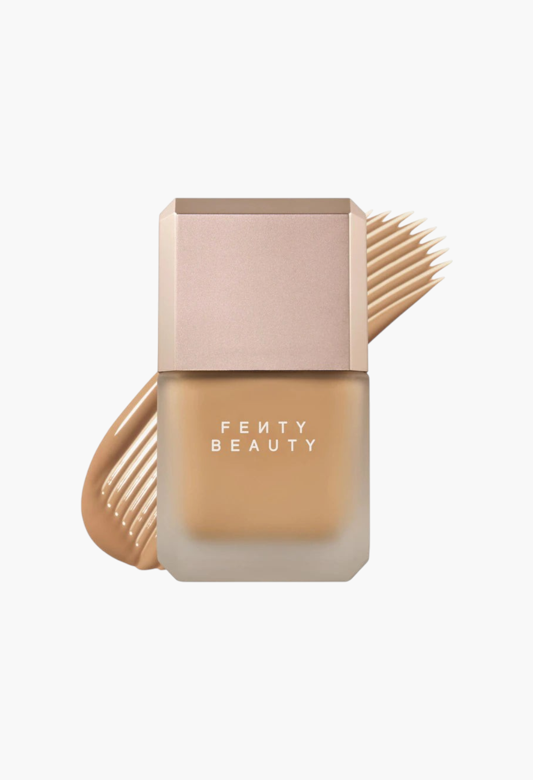 GLAM MODA Fenty Beauty Pro Filt'r liquid foundation bottle with a swatch of medium-toned matte makeup behind it.