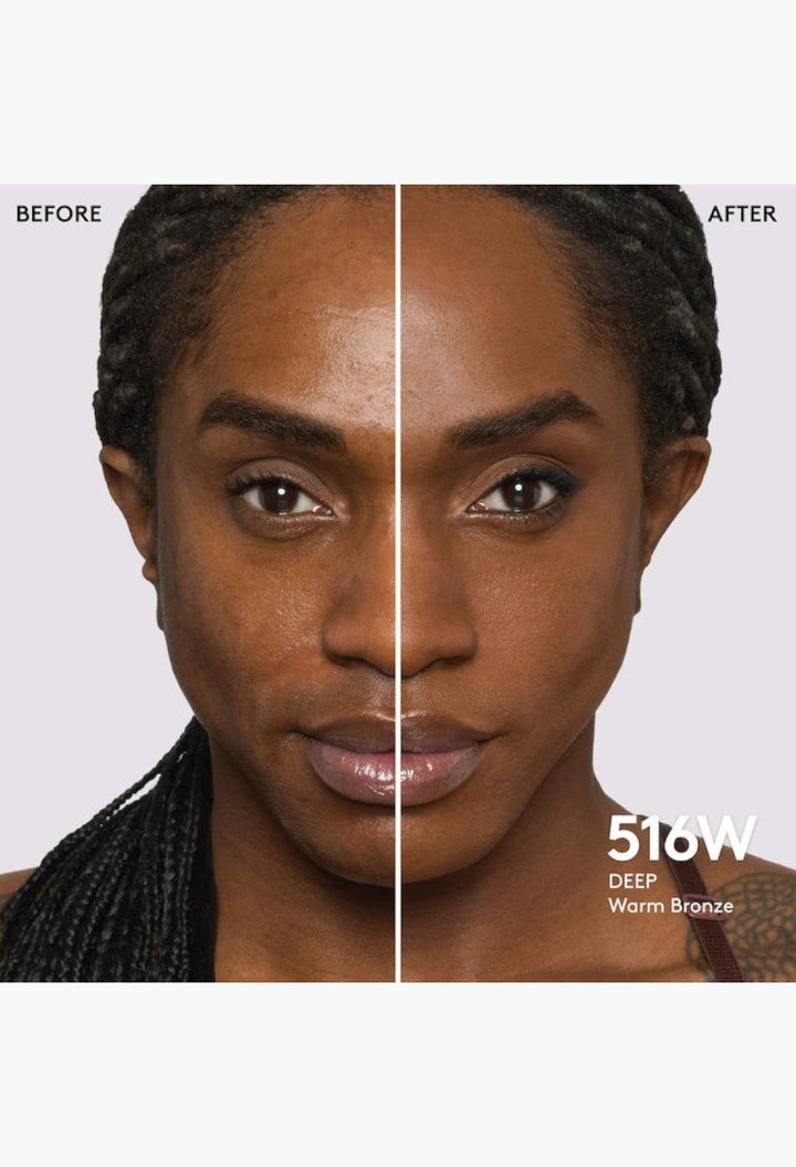 GLAM MODA Pro Filt'r foundation before and after application on deep warm bronze skin showing a natural matte finish