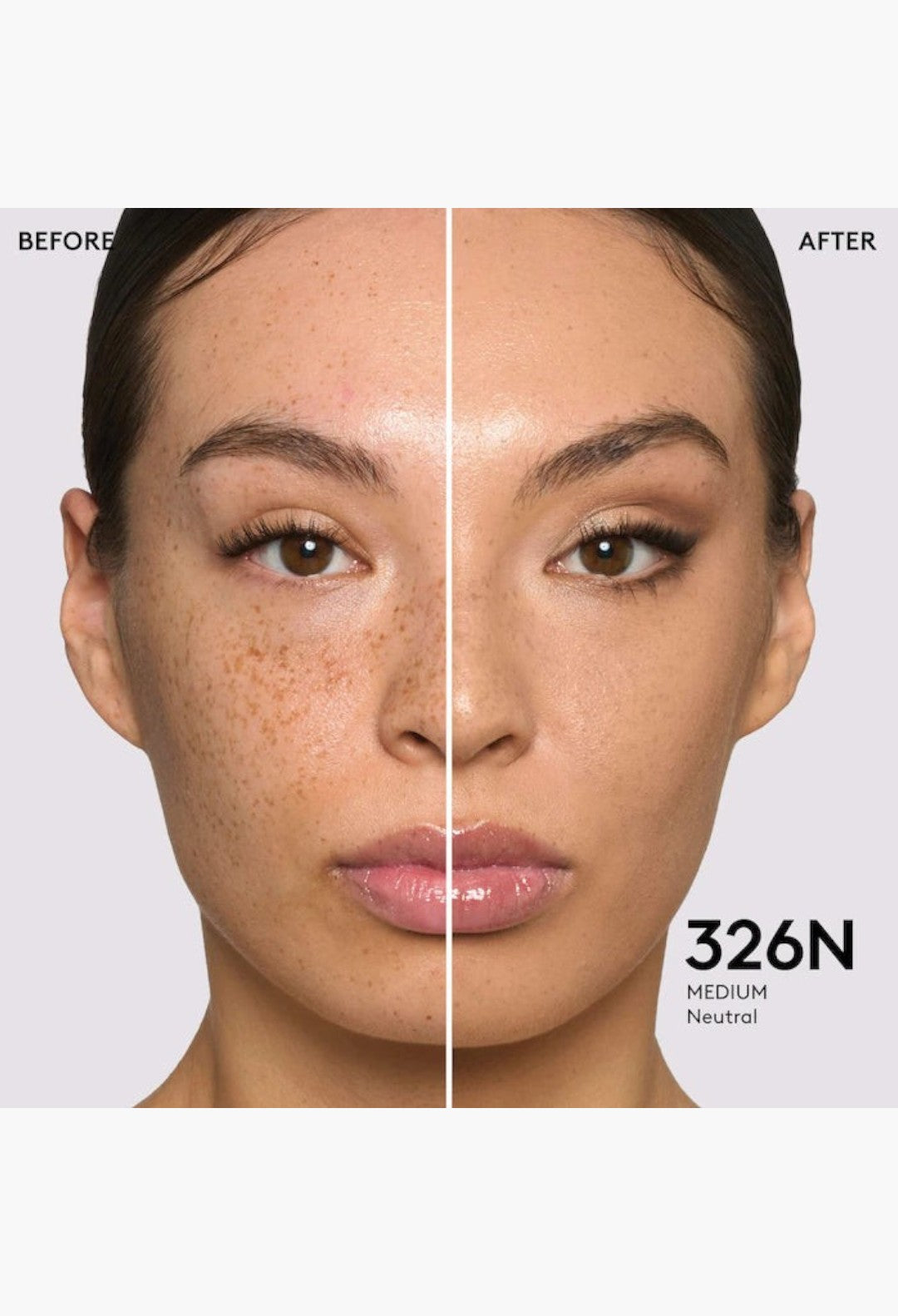 GLAM MODA Pro Filt'r foundation before and after application showing medium coverage on neutral skin tone 326N