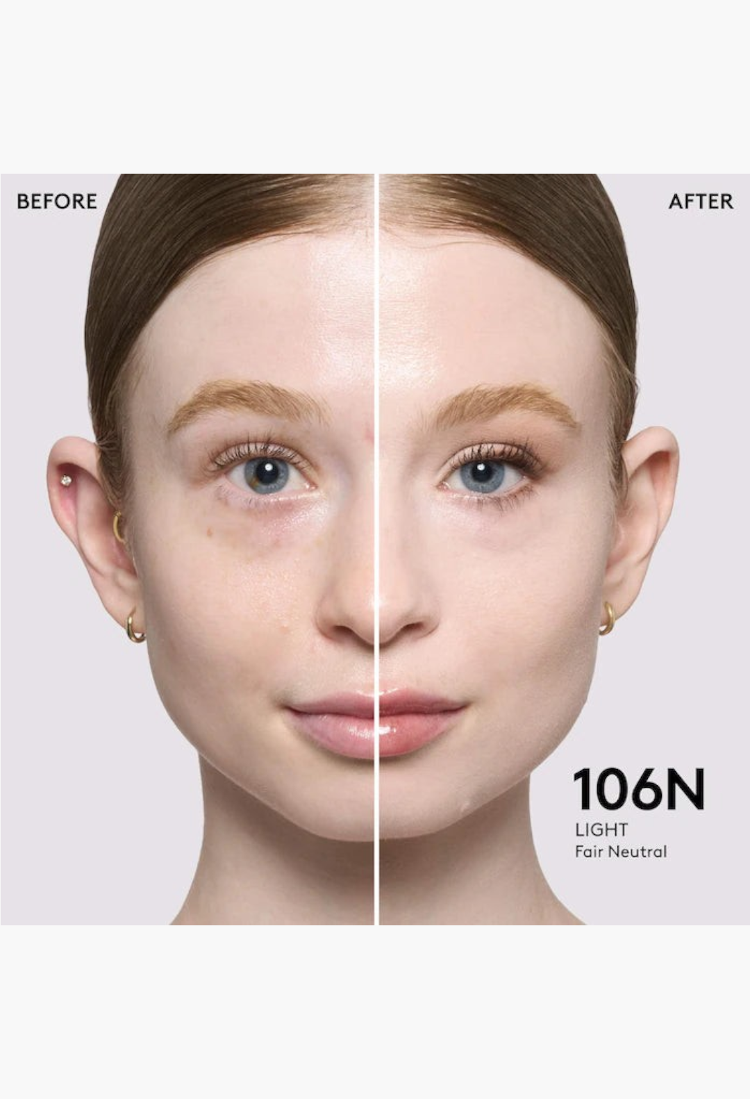 GLAM MODA Pro Filt'r foundation before and after application on light fair neutral skin showing natural matte finish