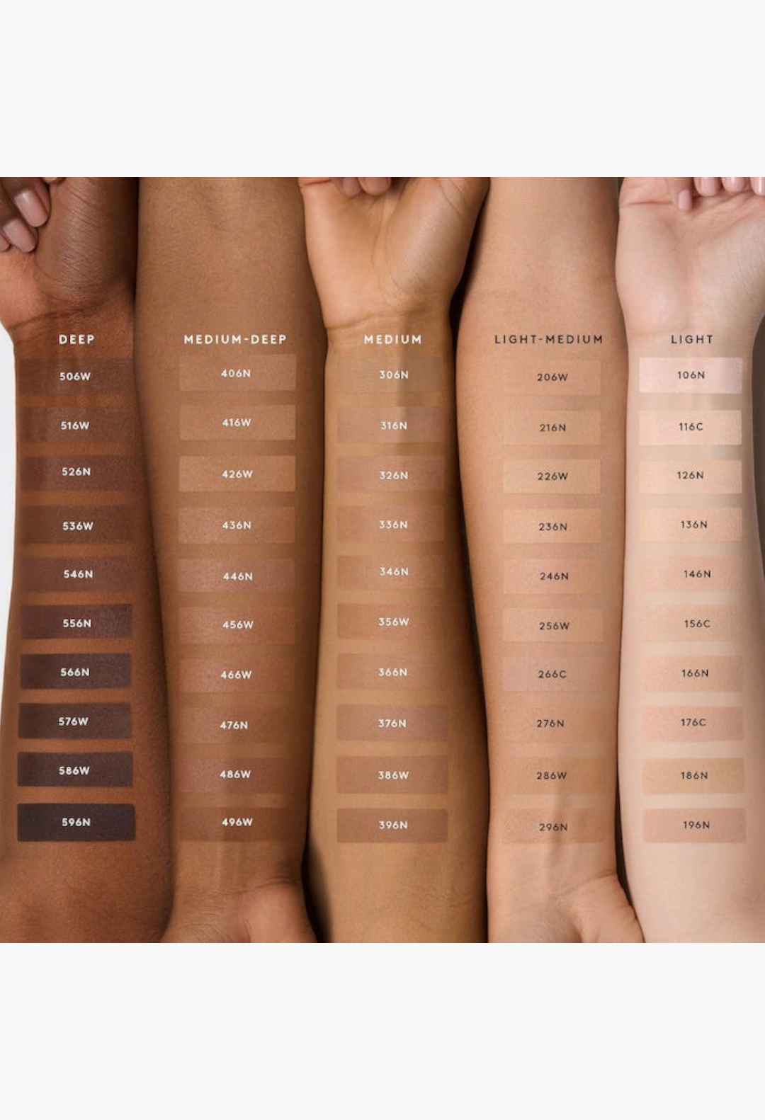GLAM MODA Pro Filt'r foundation shade range swatches on five different skin tones from light to deep