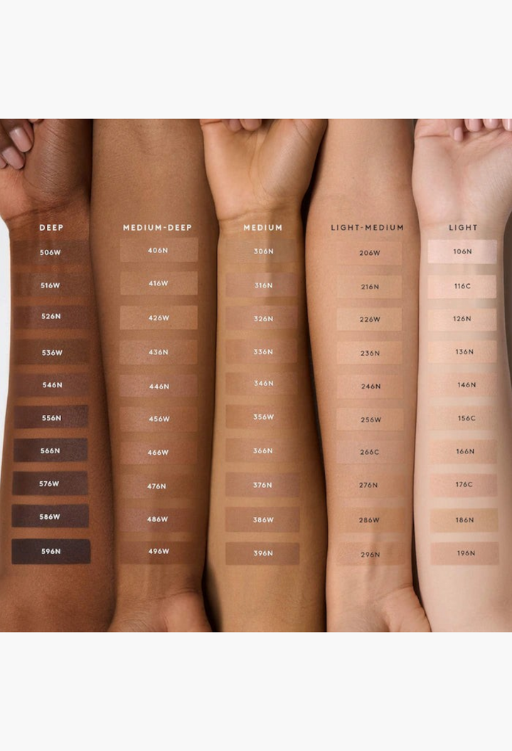 GLAM MODA Pro Filt'r foundation shade range swatches on five different skin tones from light to deep