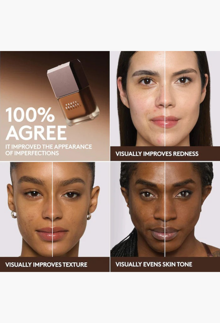 GLAM MODA Pro Filt'r Fluid Flex foundation showing before and after results on diverse skin tones for matte coverage