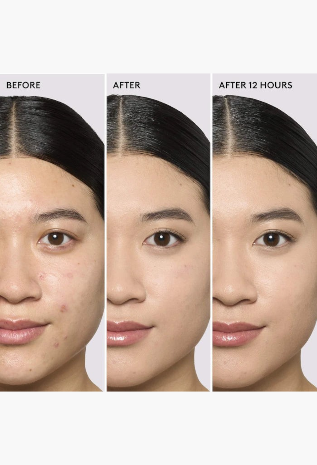 GLAM MODA Pro Filt'r foundation showing before, after, and 12-hour wear results on a model with natural matte finish.