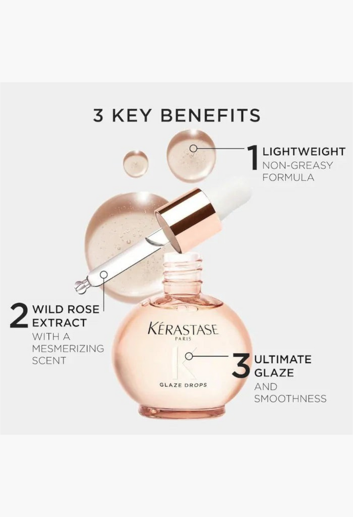 GLAM MODA Kérastase Gloss Absolu Glaze Drops bottle with dropper showing key benefits like wild rose extract
