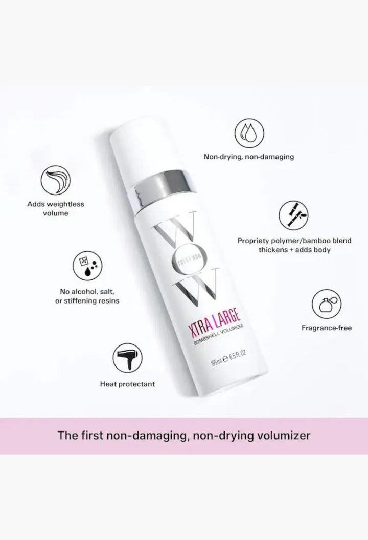 GLAM MODA Color Wow Xtra Large Bombshell Volumizer hair spray bottle with infographic feature highlights