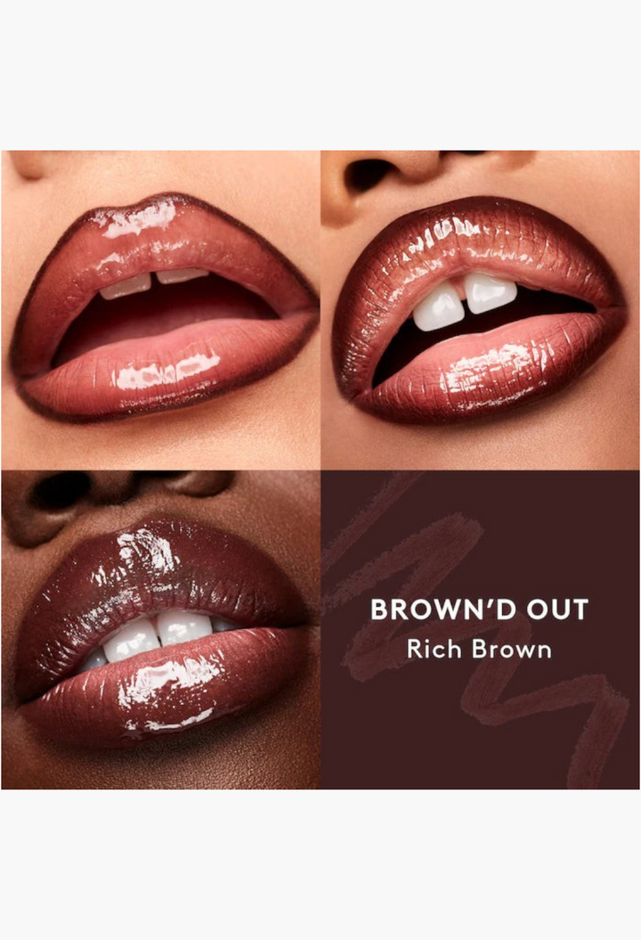 GLAM MODA Berry Brown'd Pout lip set featuring a rich brown lip liner and high-shine berry gloss on model lips
