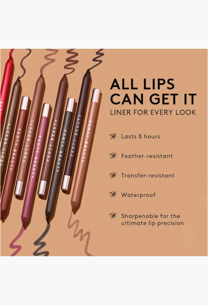 GLAM MODA Fenty Beauty lip liner collection in various berry and brown shades with product benefits listed
