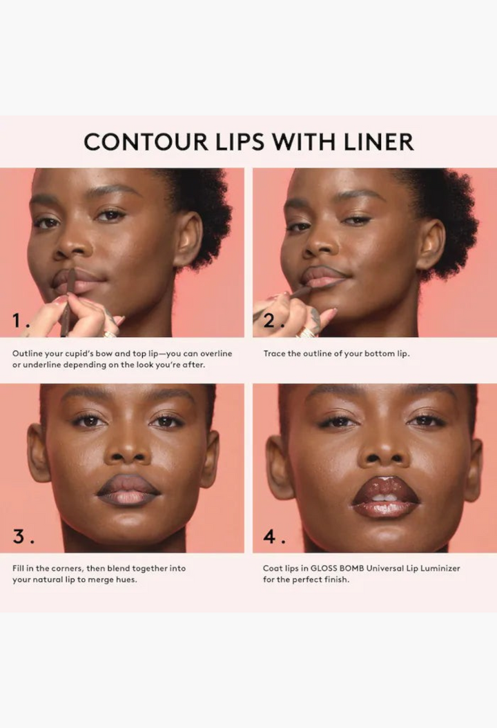 GLAM MODA Berry Brown'd Pout lip liner and gloss stick application steps on a model with deep skin tone