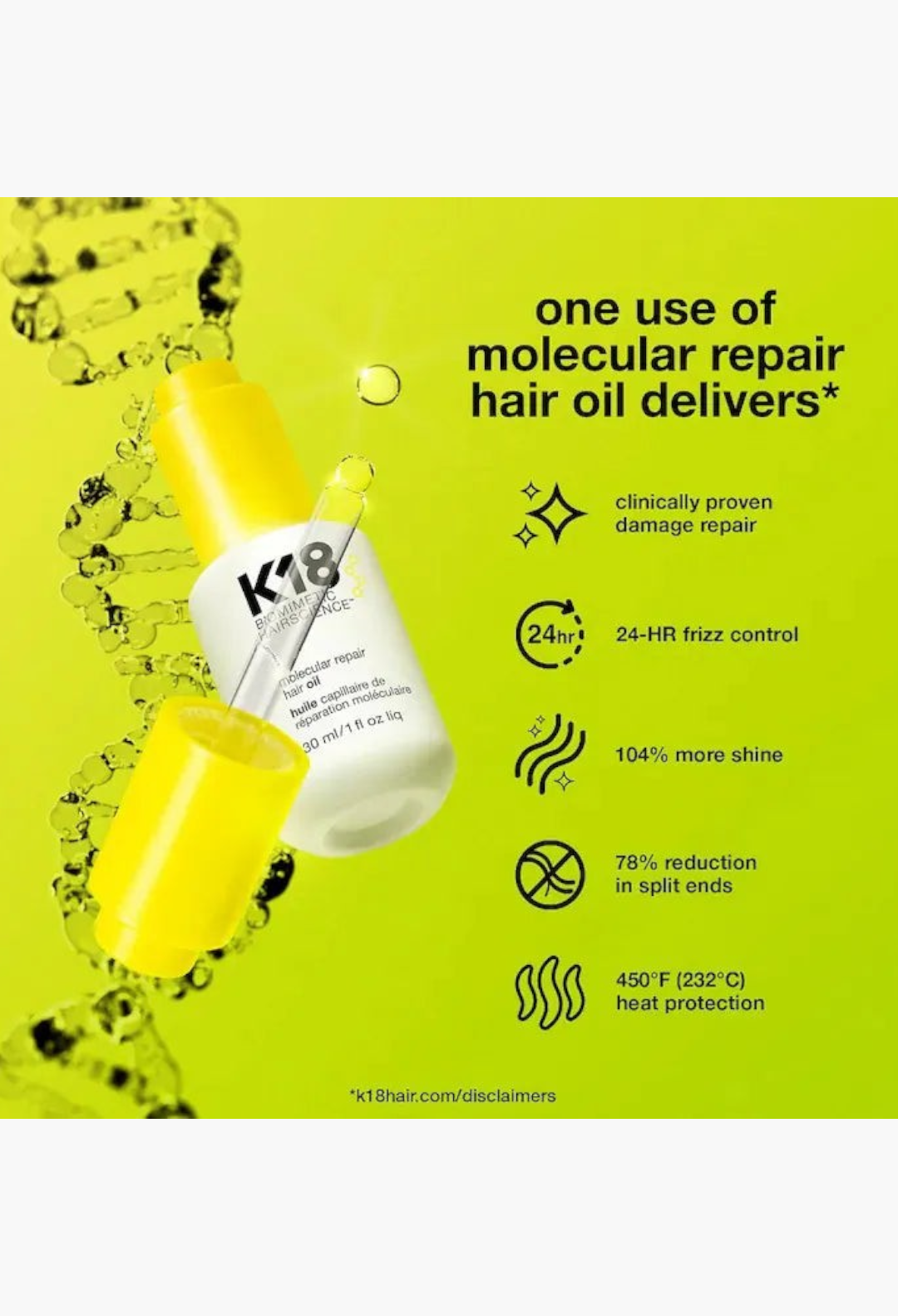 GLAM MODA K18 molecular repair hair oil bottle with yellow cap on a bright lime green background with benefit icons