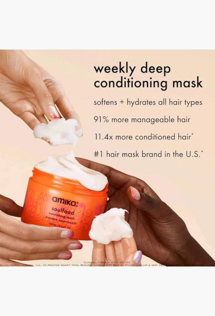GLAM MODA Healthy Hair & Scalp Kit featuring Amika Soulfood Nourishing Hair Mask in an orange jar being applied