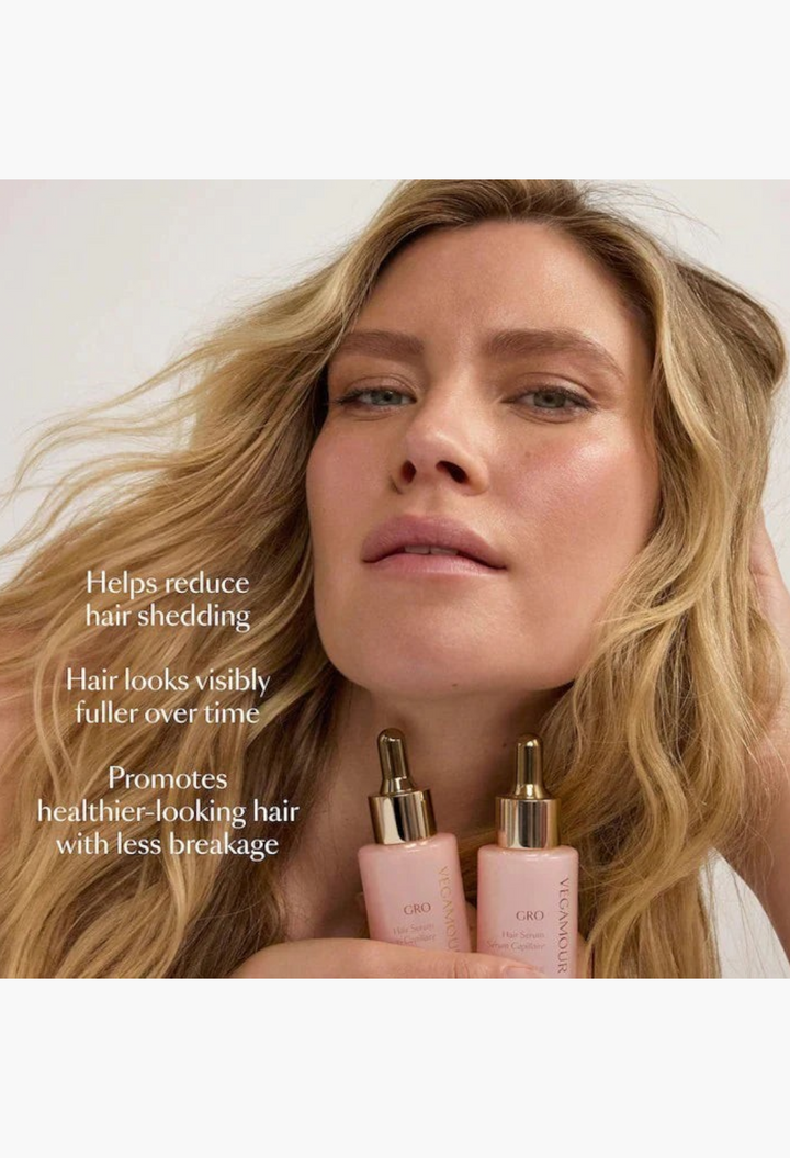 GLAM MODA Healthy Hair & Scalp Kit featuring Vegamour GRO hair serum bottles held by a woman with blonde wavy hair