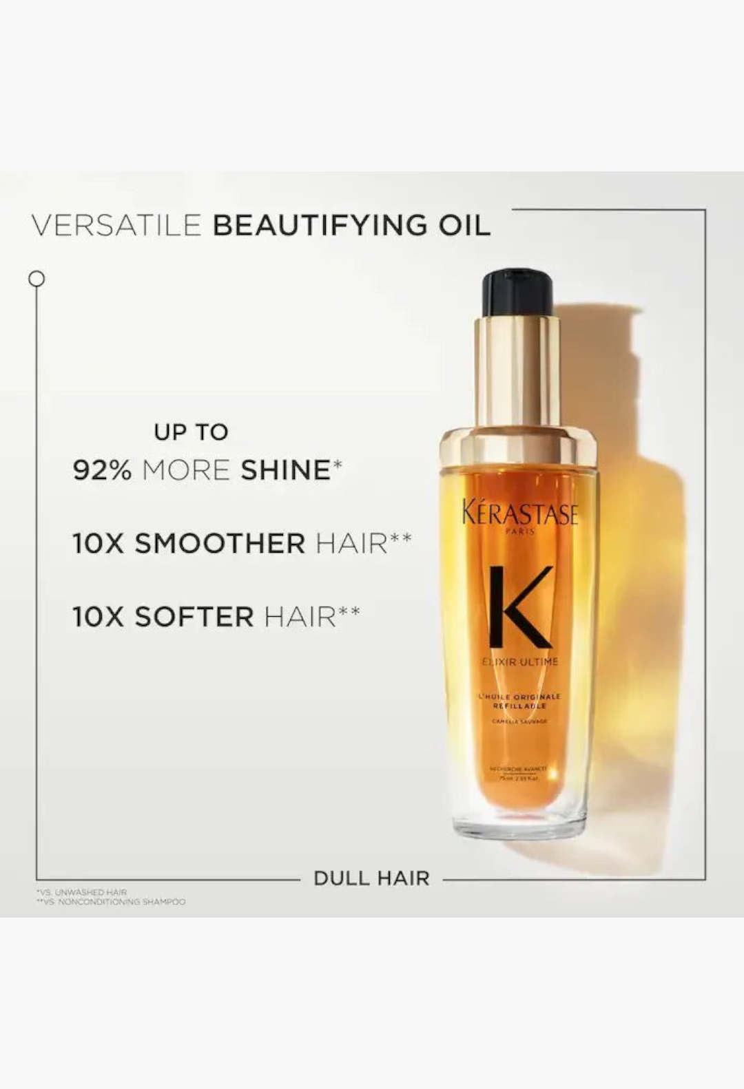 GLAM MODA Kérastase Elixir Ultime hair oil in a clear glass bottle with a gold pump dispenser