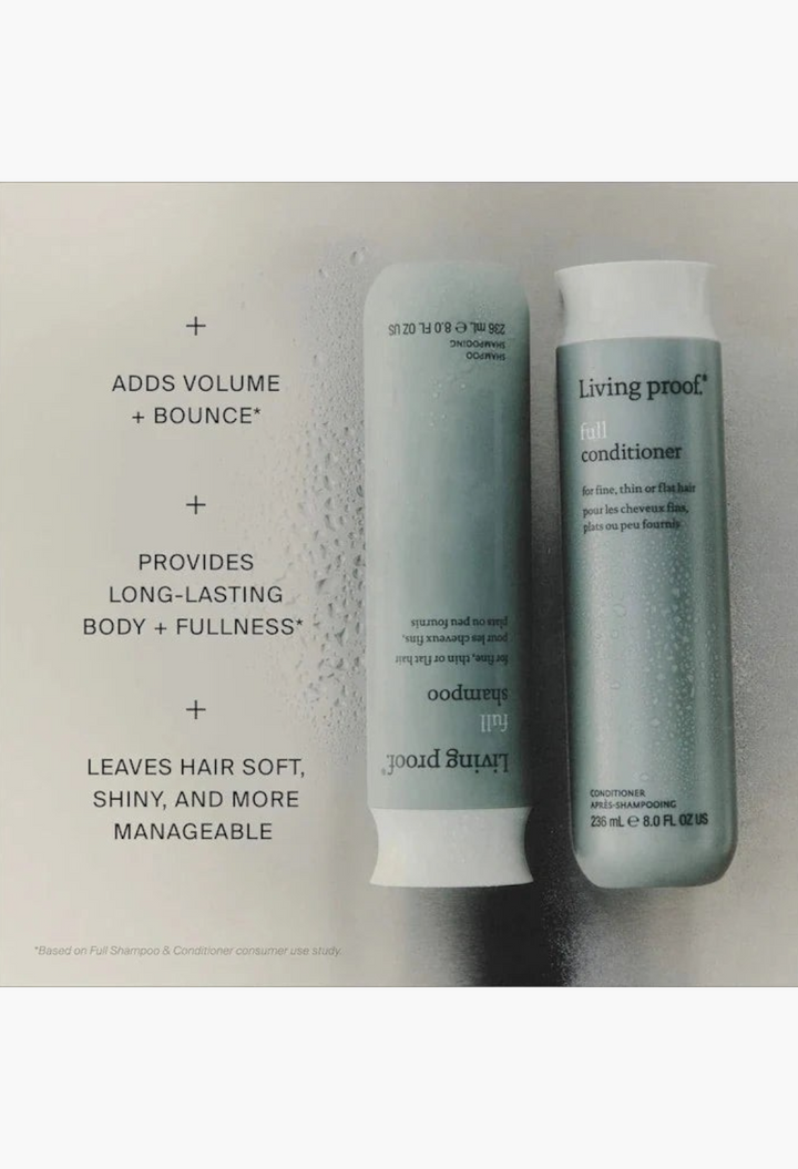 GLAM MODA Living Proof full shampoo and conditioner bottles for fine hair in grey packaging