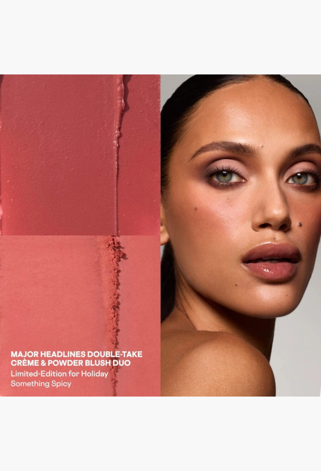 GLAM MODA Major Headlines blush duo and lip balm set in Something Spicy, shown as a warm mocha swatch and on a model.
