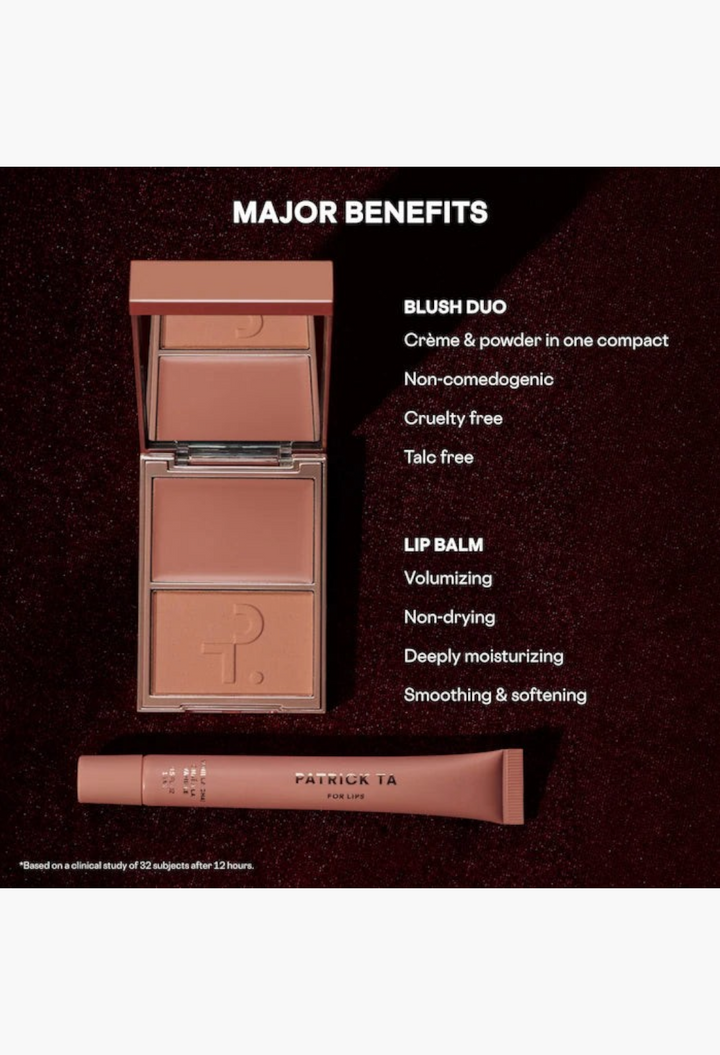 GLAM MODA Major Headlines blush duo compact and smoothing lip balm set in a warm mocha shade with benefit text overlay