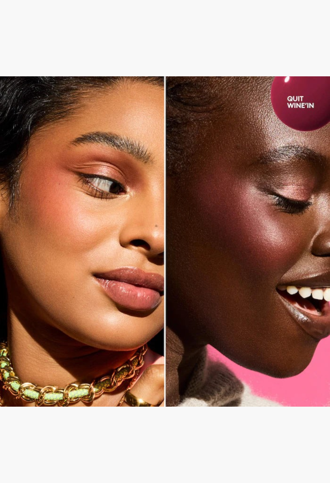 GLAM MODA liquid blush and highlighter set applied on two models with deep and warm skin tones for a berry glow.