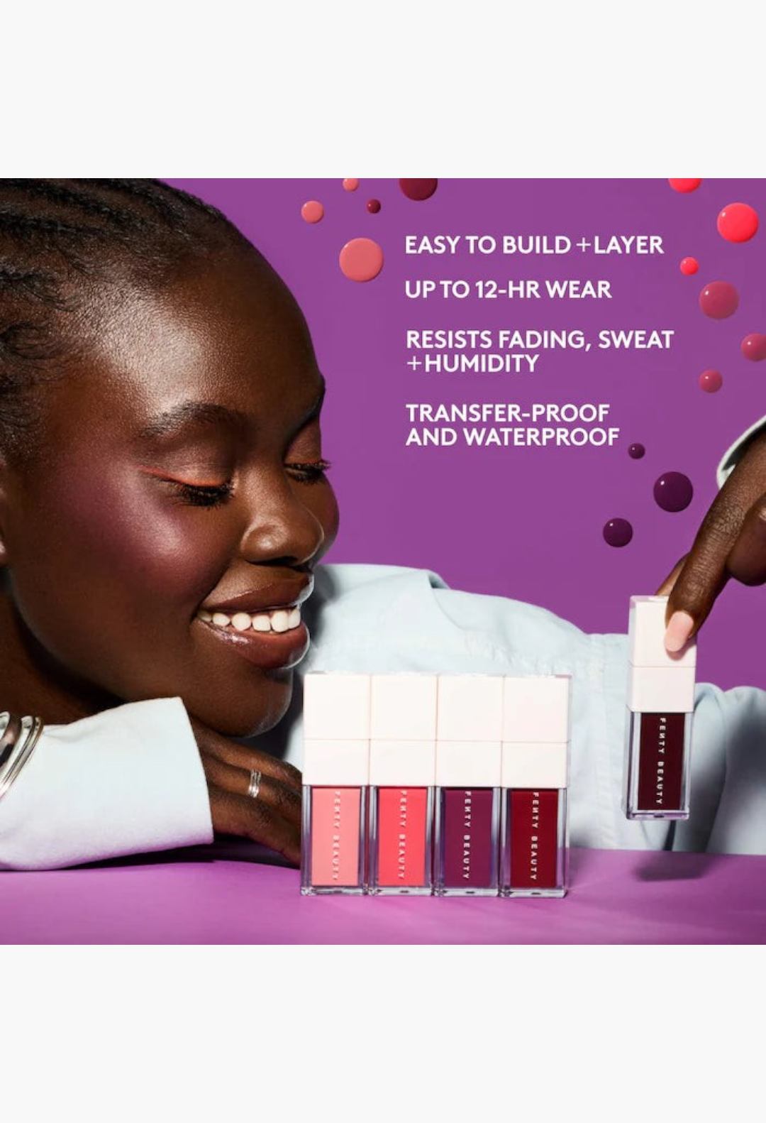 GLAM MODA Blushin' In Diamonds liquid blush set with a smiling model showcasing buildable berry-toned makeup