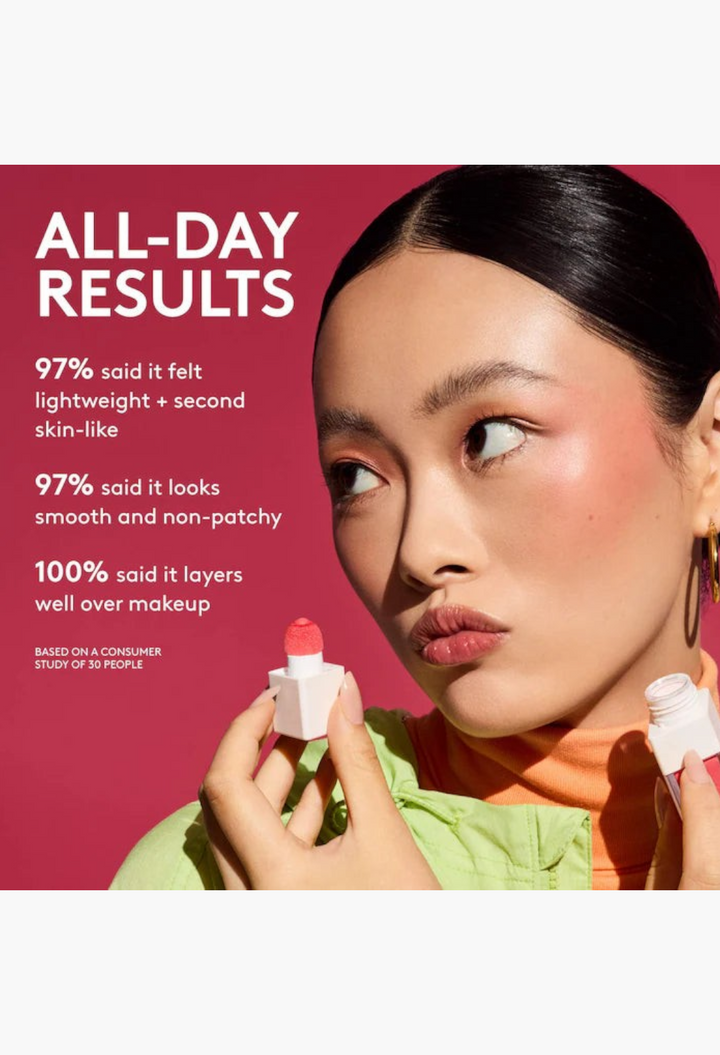 GLAM MODA liquid blush and highlighter set on a model with glowing skin, showing product results and application.