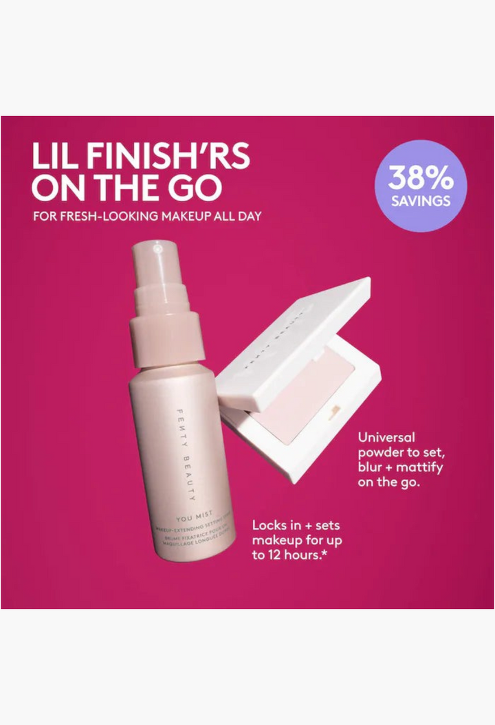 GLAM MODA Lil Finish'rs mini makeup set with You Mist setting spray and Invisimatte blotting powder on pink background