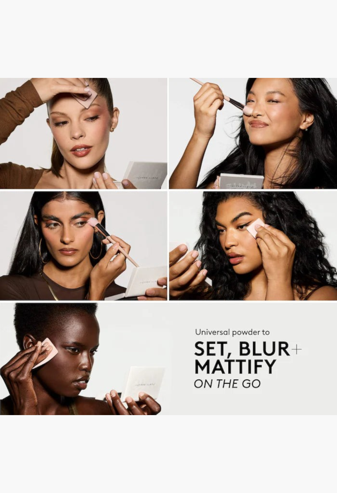 GLAM MODA makeup set featuring diverse models applying Invisimatte setting powder and You Mist setting spray