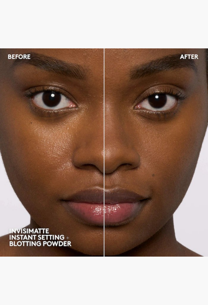 GLAM MODA before and after comparison showing skin texture blurred and shine reduced by Invisimatte blotting powder.