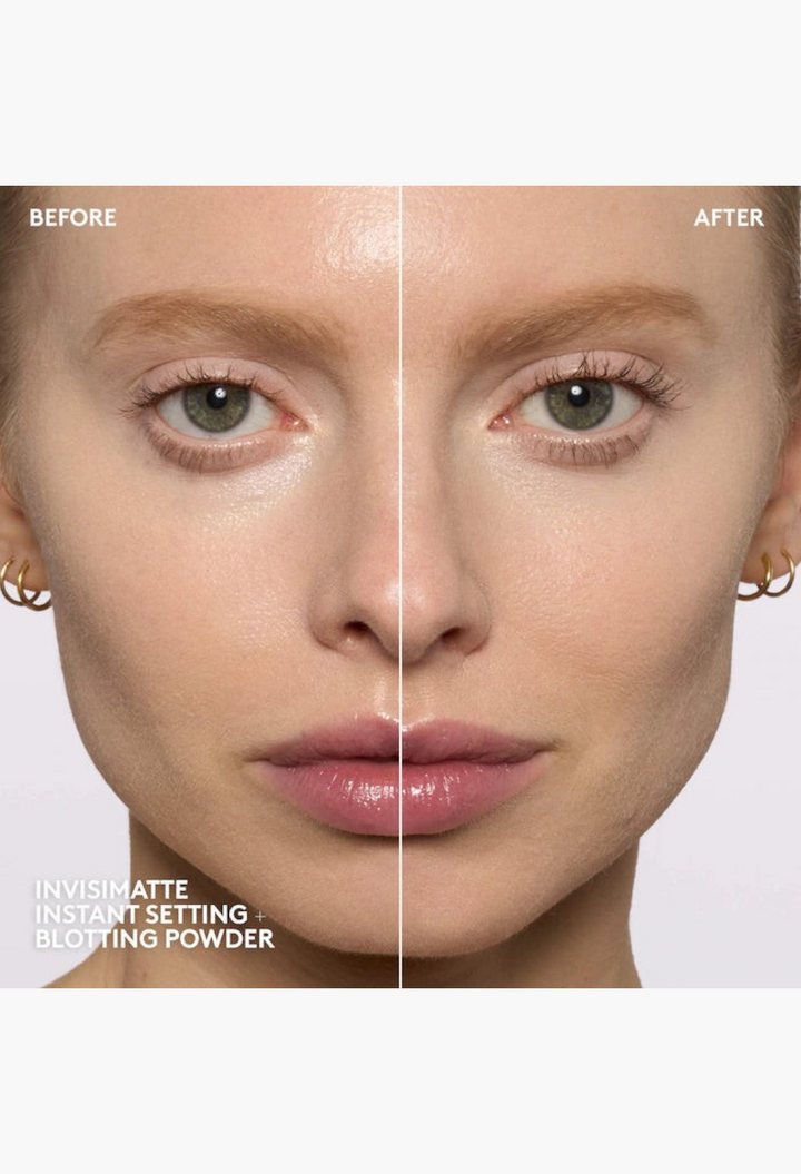 GLAM MODA before and after comparison showing skin blurred and shine reduced by Invisimatte setting and blotting powder