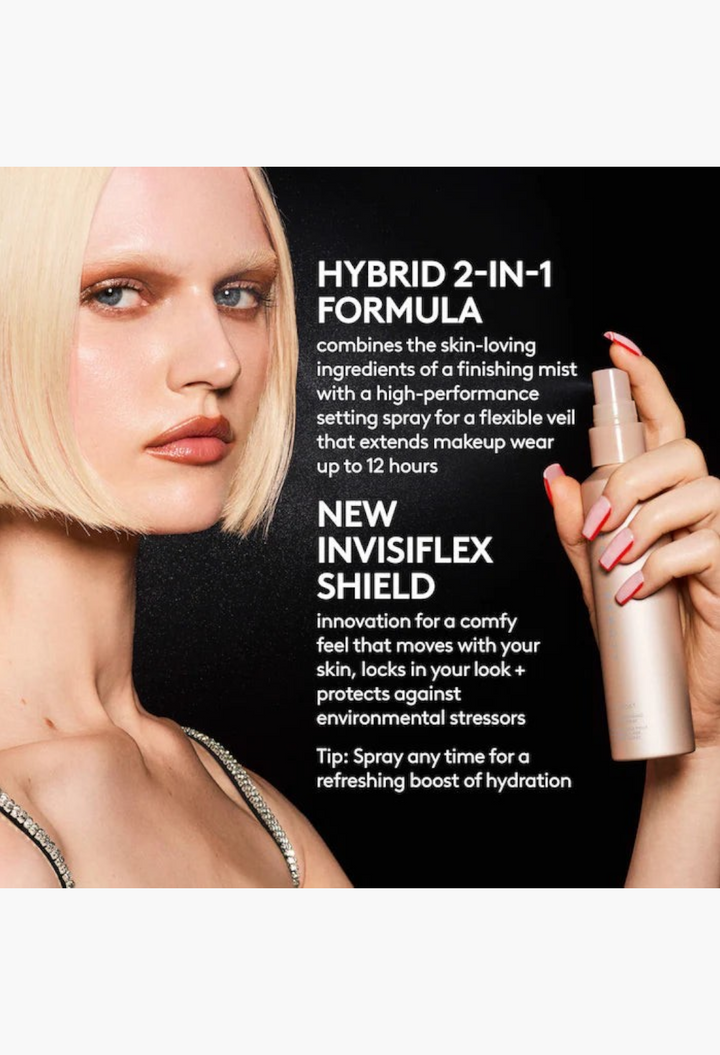 GLAM MODA Lil Finish'rs makeup set featuring a model holding a setting spray bottle with a sleek metallic finish.