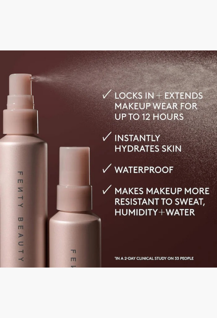 GLAM MODA Fenty Beauty mini setting spray and blotting powder duo in metallic pink bottles for makeup touch-ups.