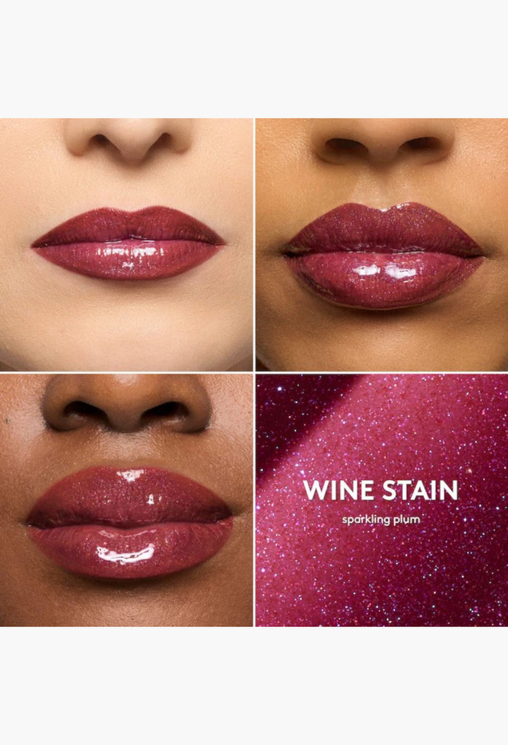GLAM MODA Gloss Bomb Oil in Wine Stain sparkling plum lip gloss applied on diverse skin tones for a high-shine finish