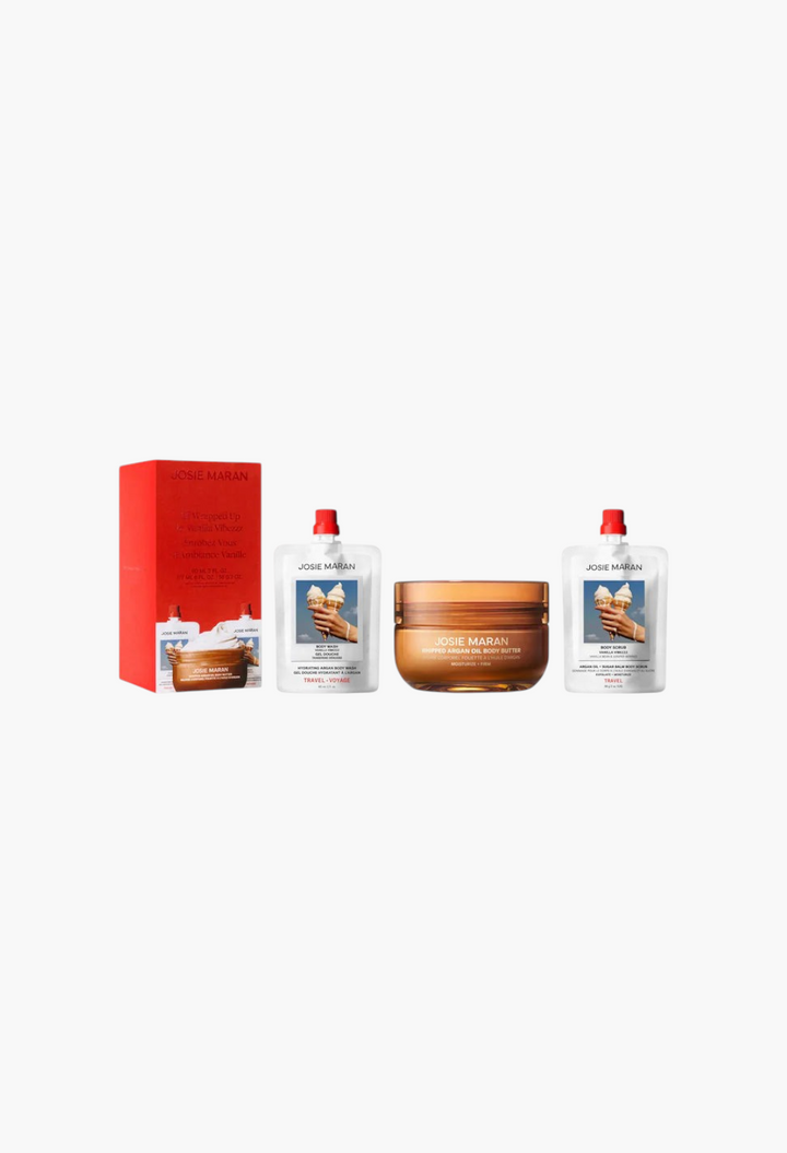 GLAM MODA Josie Maran 3-step vanilla scented body hydration gift set including body wash, sugar scrub, and body butter.