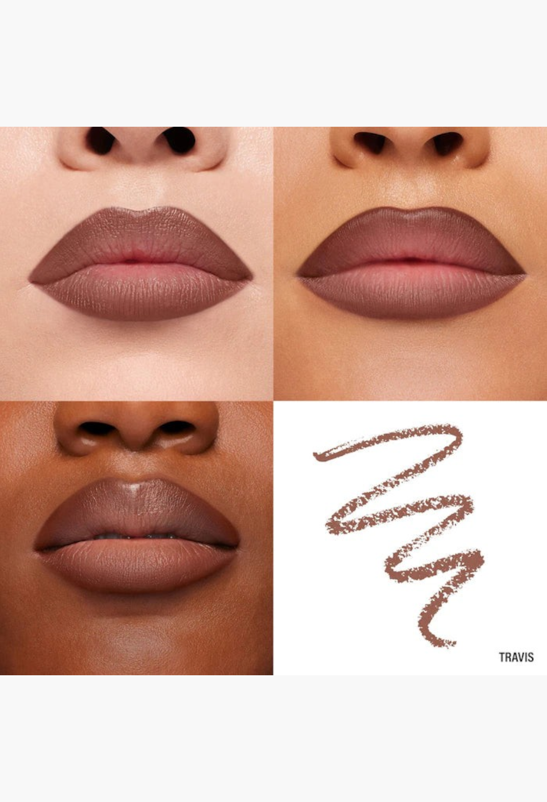 GLAM MODA lip pencil trio showing matte sculpting shades on diverse skin tones and a swatch of the Travis shade.