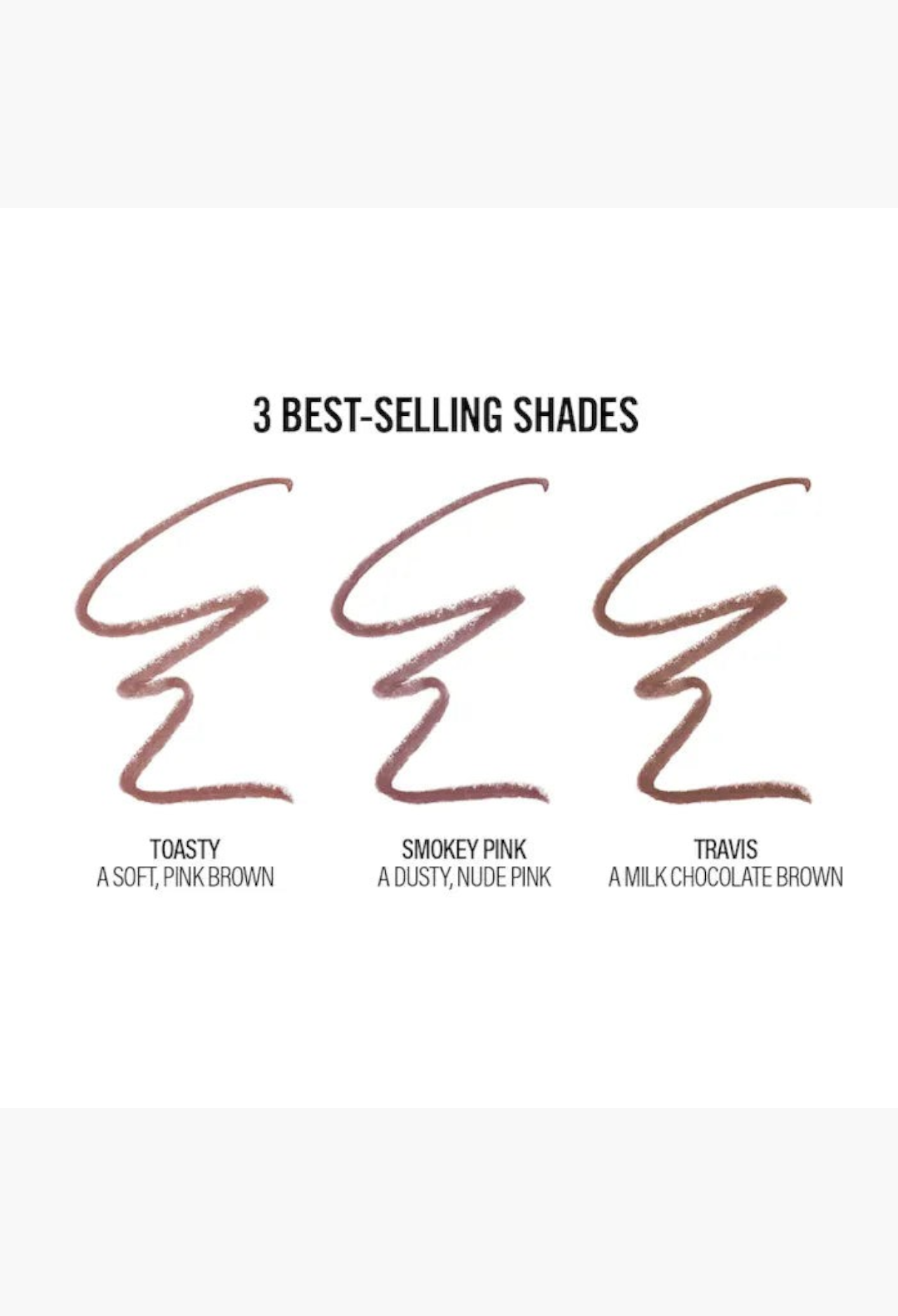GLAM MODA lip pencil trio swatches in Toasty, Smokey Pink, and Travis shades showing matte, full-coverage textures.