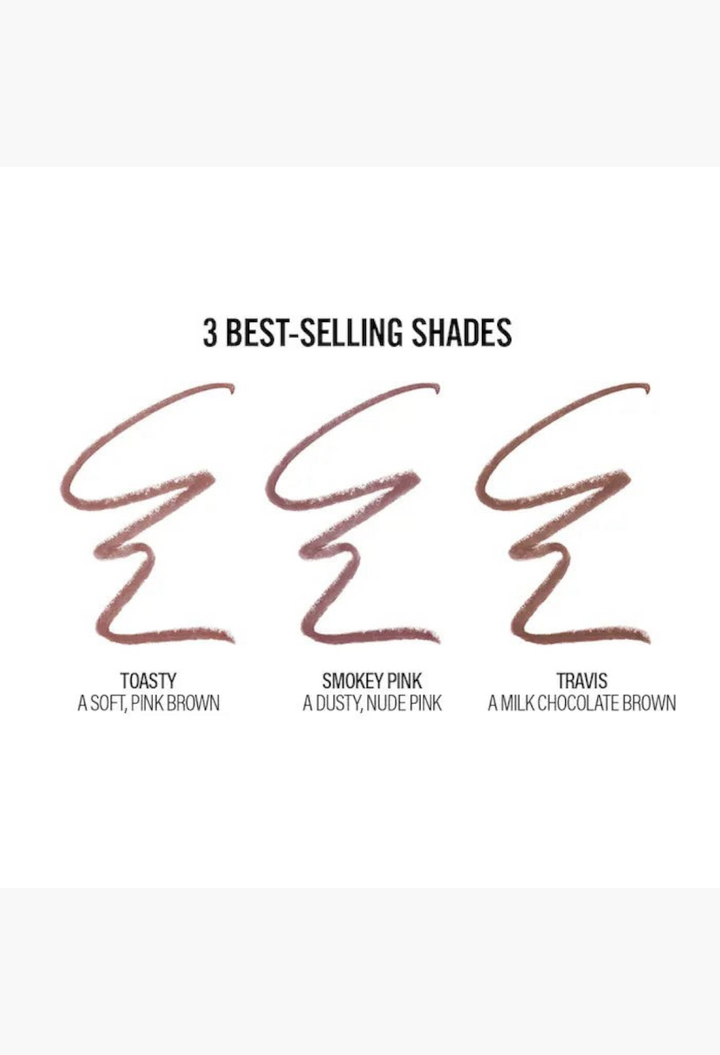 GLAM MODA lip pencil trio swatches in Toasty, Smokey Pink, and Travis shades showing matte, full-coverage textures.