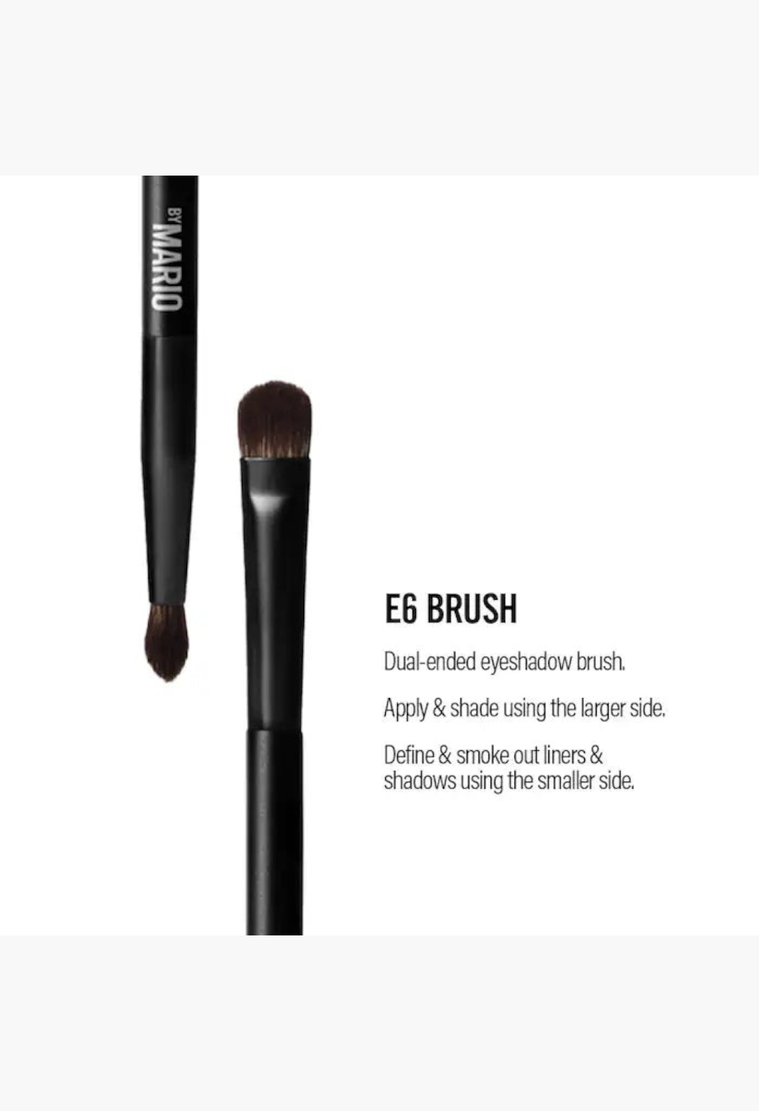 GLAM MODA Mario E6 dual-ended eyeshadow brush with matte black handle and synthetic bristles for blending and shading