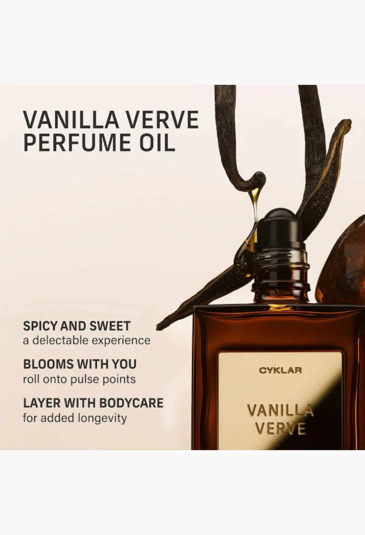 GLAM MODA Vanilla Verve perfume oil bottle with vanilla bean accents, featuring a warm amber glass design.