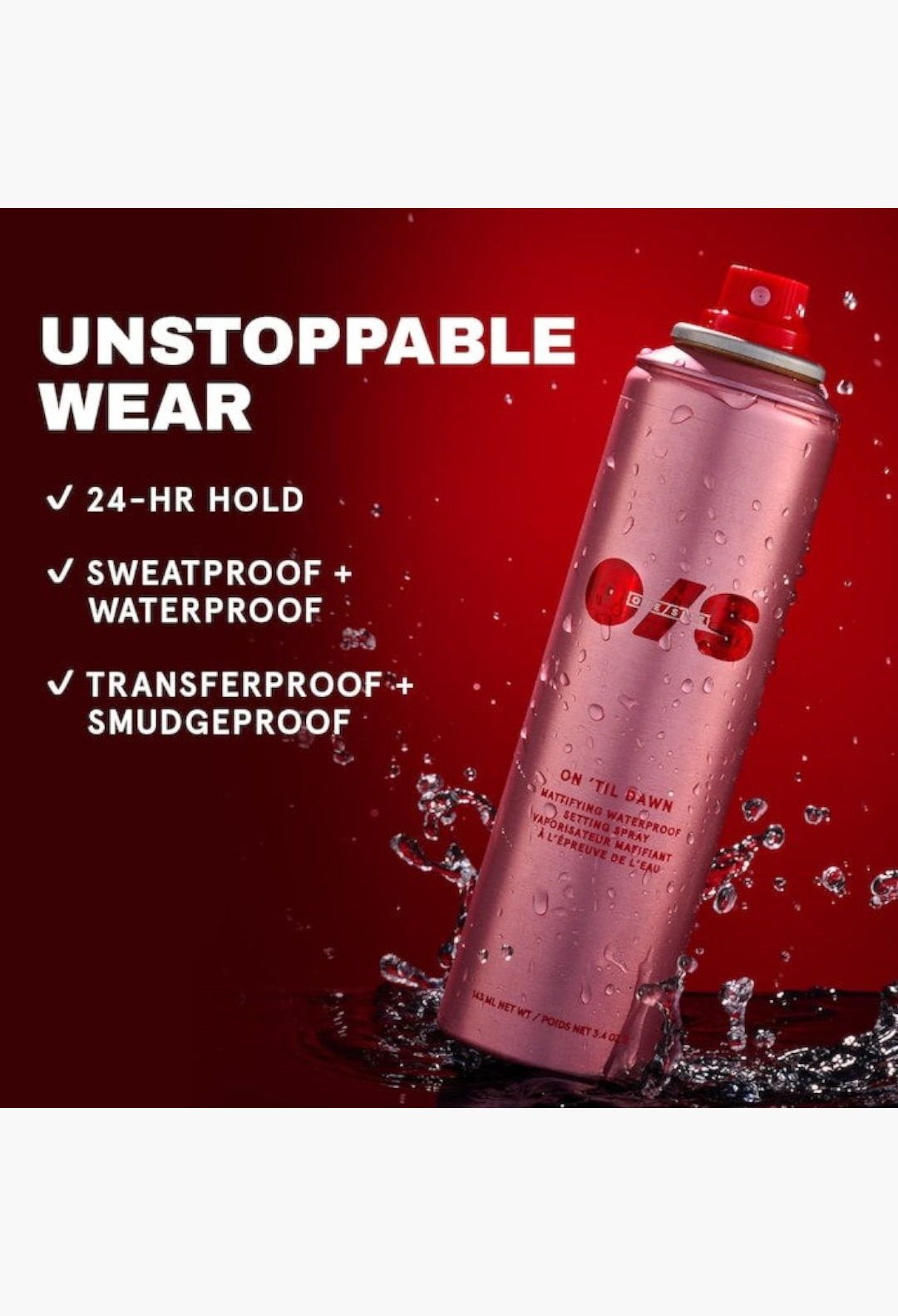 GLAM MODA On 'Til Dawn waterproof mattifying setting spray in a metallic pink aerosol can with water splashes