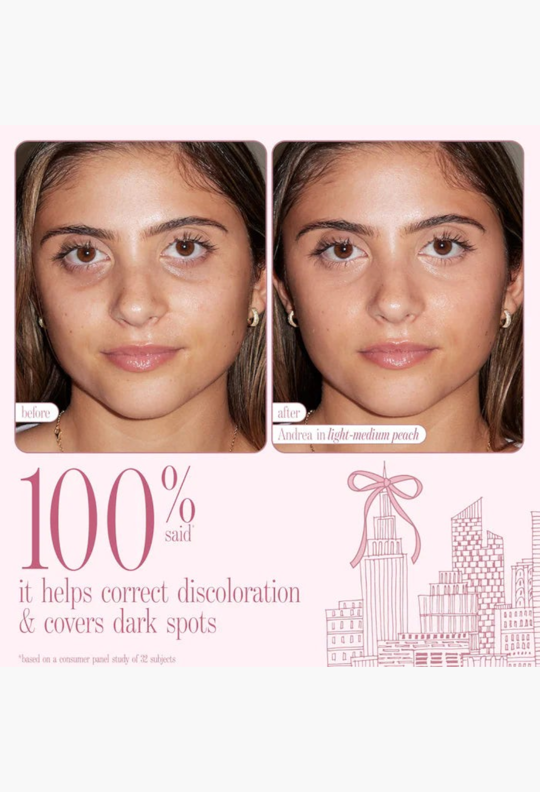 GLAM MODA before and after results of CC undereye corrector showing reduced dark circles on a model