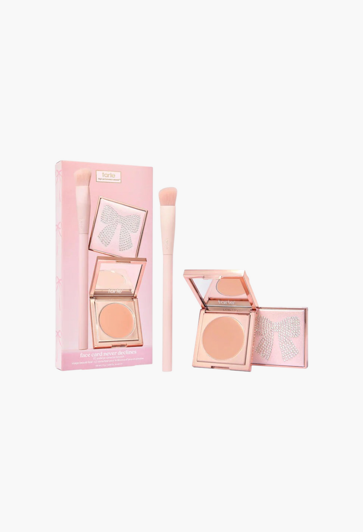 GLAM MODA face card never declines CC undereye corrector and brush set in diamond-studded pink packaging