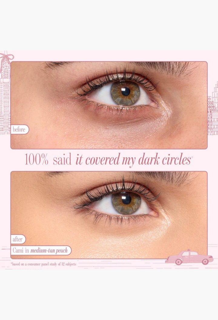 GLAM MODA CC undereye corrector before and after application showing full coverage of dark circles on medium-tan skin