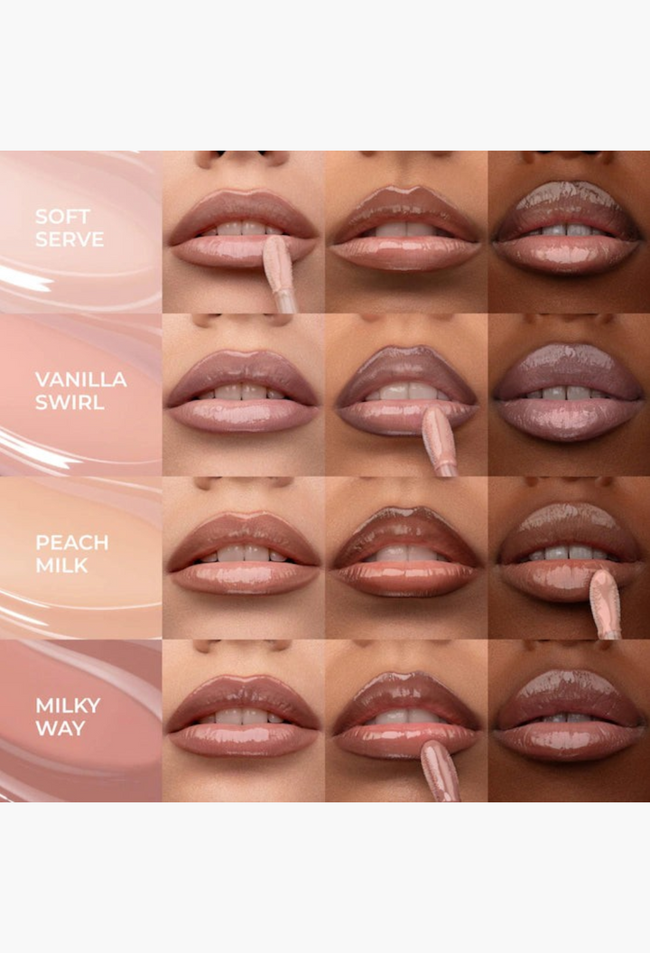 GLAM MODA HY-GLOSS Milky Tinted Lip Gloss Balm swatches in Soft Serve, Vanilla Swirl, Peach Milk, and Milky Way shades