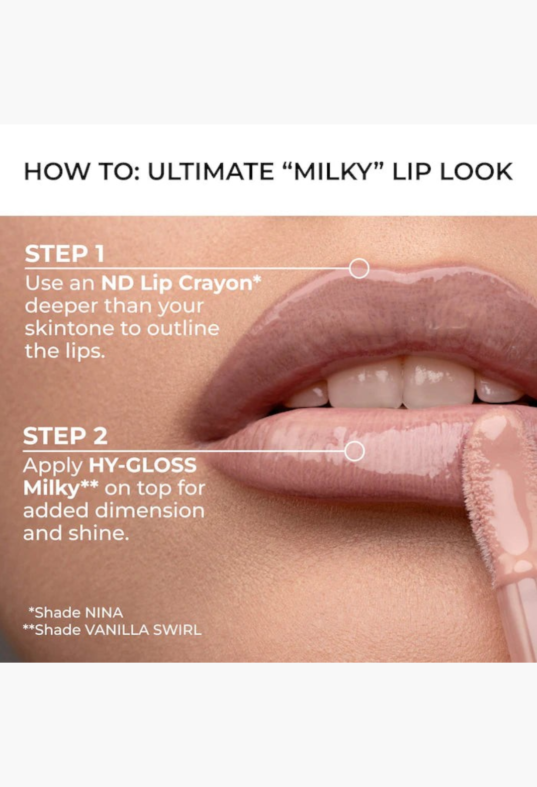 GLAM MODA HY-GLOSS Milky tinted lip gloss balm in Vanilla Swirl shade applied to lips for a high-shine finish.