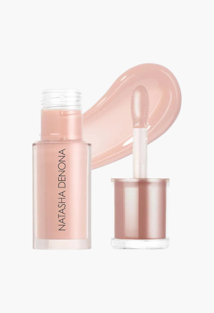 GLAM MODA HY-GLOSS milky tinted lip gloss balm in a soft nude shade with a high-shine applicator and product swatch.