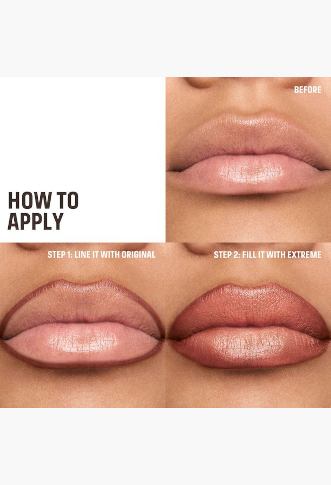 GLAM MODA lip liner application tutorial showing step-by-step lining and filling of lips with creamy pencil shades.