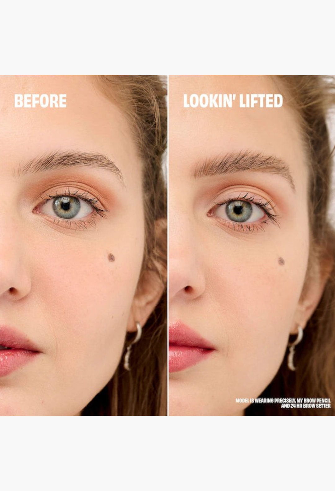 GLAM MODA before and after comparison of a model using brow setter gel for a lifted and defined eyebrow look