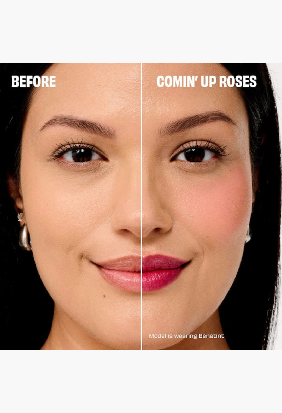 GLAM MODA model showing before and after application of Benetint raspberry lip and cheek stain for a rosy flush