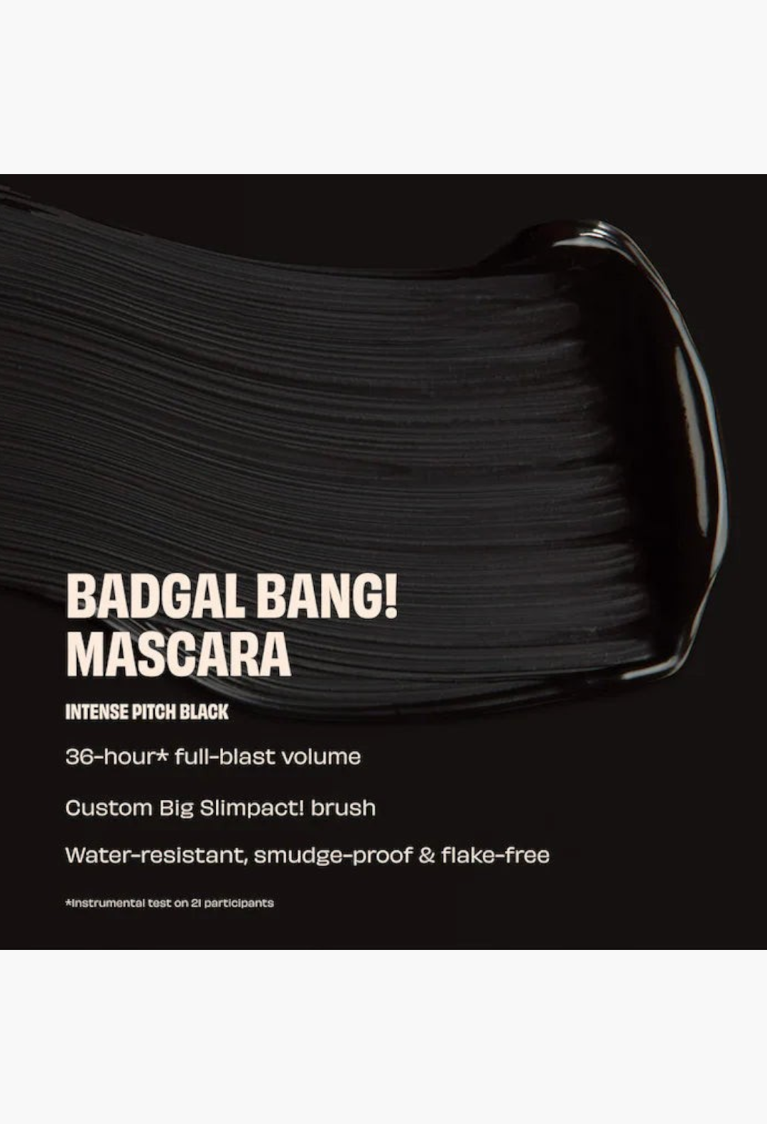 GLAM MODA BADgal BANG! mascara swatch in intense pitch black showing smooth texture and volumizing formula