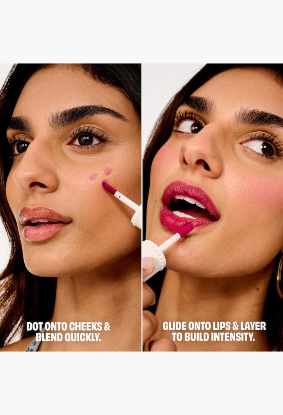 GLAM MODA model applying raspberry Benetint to cheeks and lips for a buildable, natural flush in a beauty tutorial