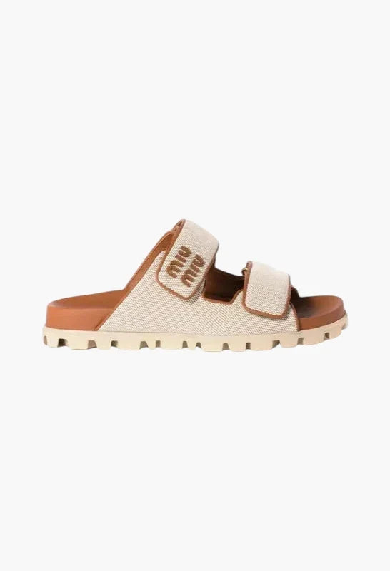 Beige/Brandy - Canvas And Leather Mules